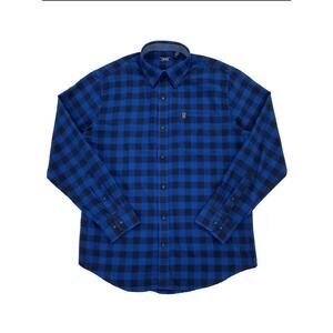 Izod Long Sleeve Men's Medium Navy Blue Cobalt Flannel Plaid Shirt With Pocket